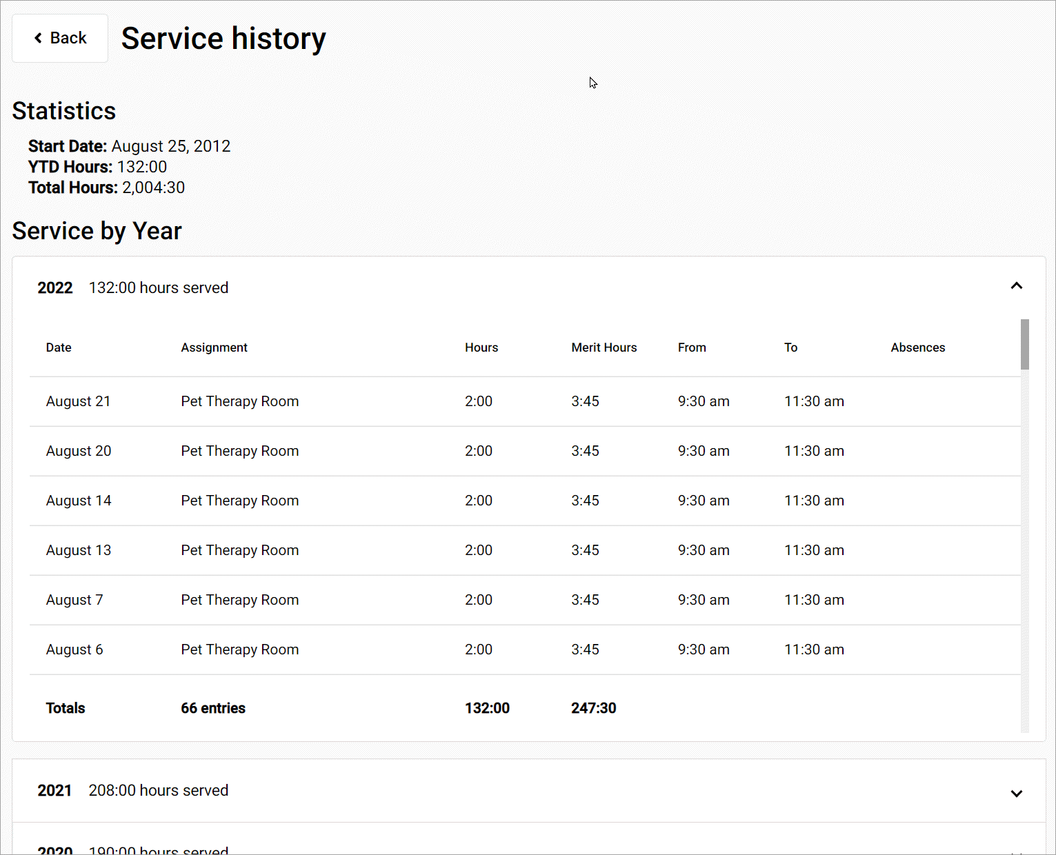 Example of Service History Page