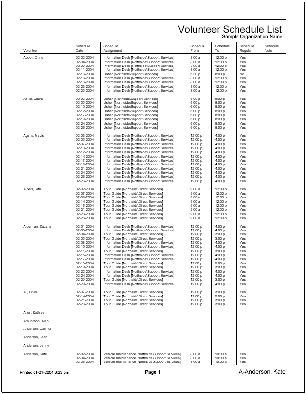 Example of Volunteer Schedule List Report