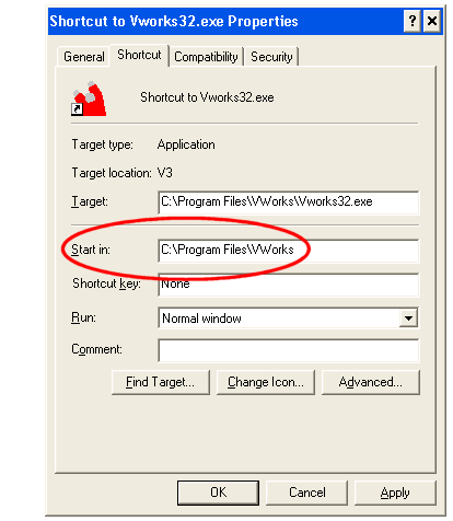 VWorks shortcut properties