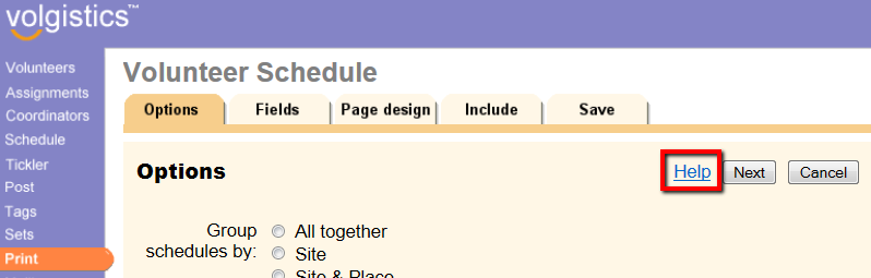 Screen shot of the Options tab for the schedule report, highlighting the Help link