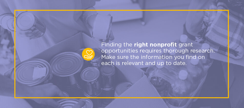 Finding the right nonprofit grant opportunities requires thorough research. Make sure the information you find on each is relevant and up to date.