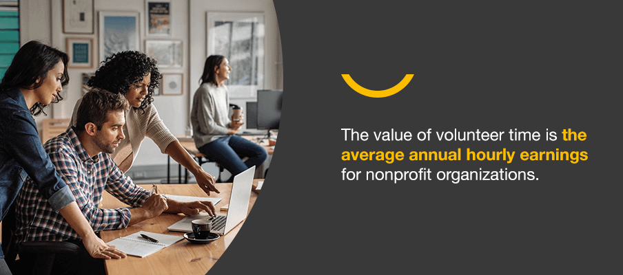 The value of volunteer time is the average annual hourly earnings for nonprofit organizations.