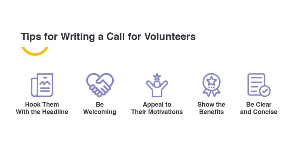 Tips for Writing a Call for Volunteers: Hook them with the headline; be welcoming; appeal to the motivations; Show the benefits; Be clear and concise
