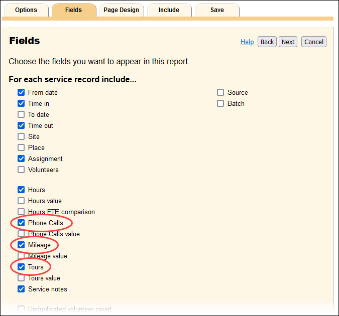 Service Measures on the Fields tab of a Service Details report