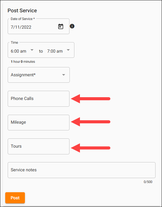 Service Measure fields on the Service page in VicNet