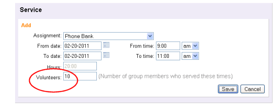 Image of a Group record's service entry with From and To times
