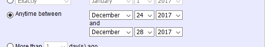 Image of Set rule that includes volunteers with a date of last activity between December 24th and December 28th, 2017