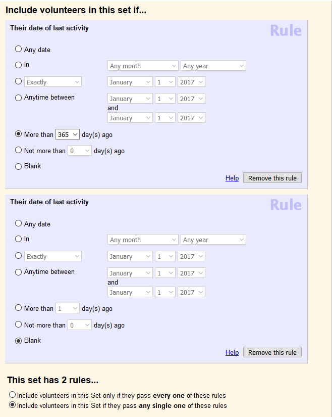 Image of Set rule that include volunteers that have no service recorded in the last year