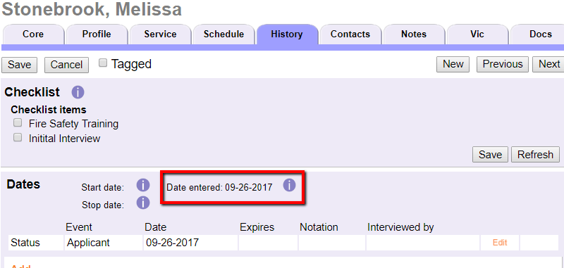 Example of Date Entered Field on History Tab