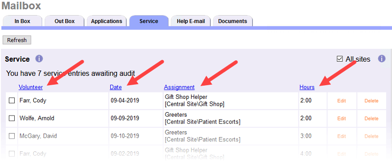 Image of Service tab auditing headings