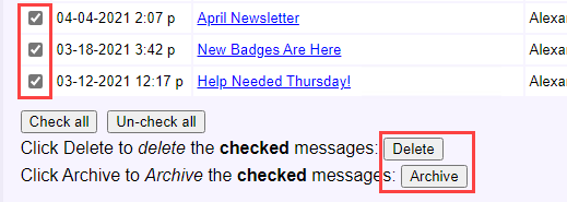 Image of Checkboxes and the Archive and Delete Buttons