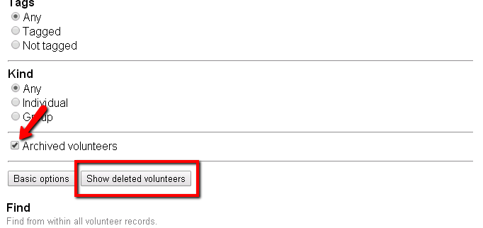 Archived Volunteers Checkbox with Deleted Volunteers Button
