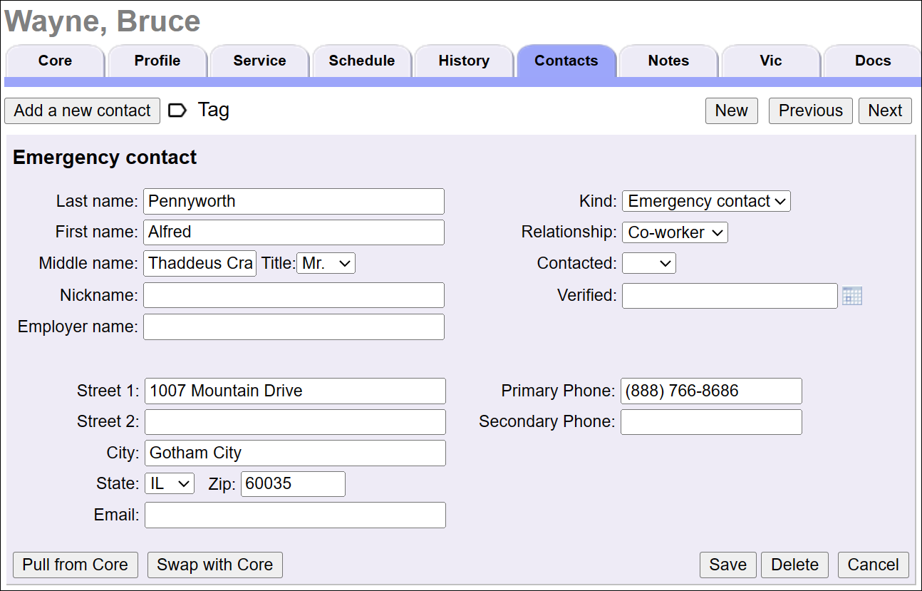 Emergency Contact fields for a volunteer
