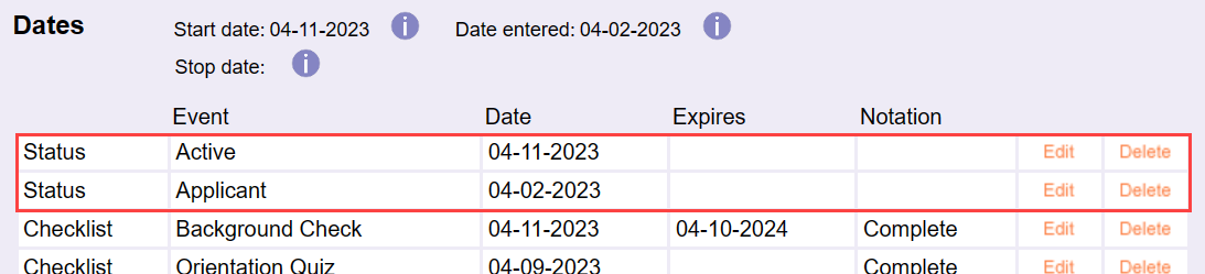 Example of Volunteer Status Dates