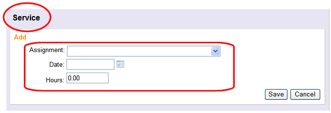 Add box on a volunteer's Service tab with heading and fields highlighted