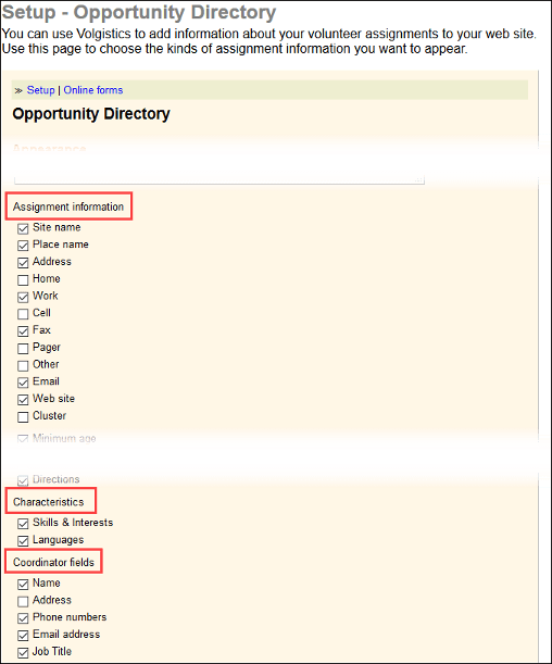 Image of Opportunity Directory settings