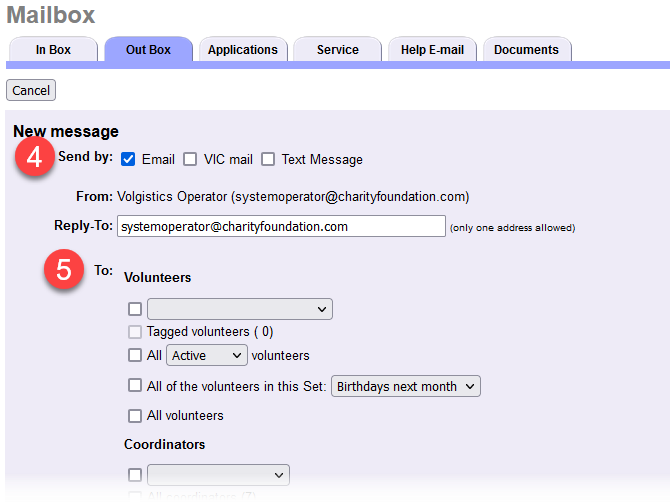 Image of email message and recipient selections