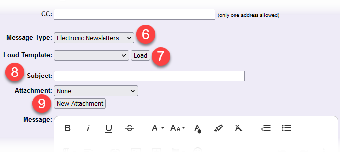 Image of message type, subject, and attachment settings