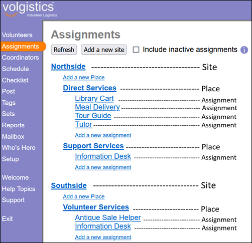 Example of Site, Place, and Assignment Records