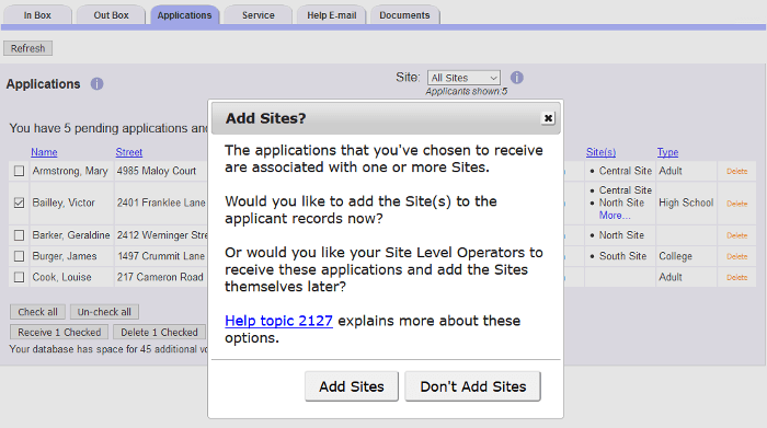 Image of the Add Sites pop-up message