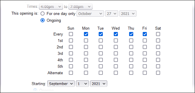 Image of the opening frequency options