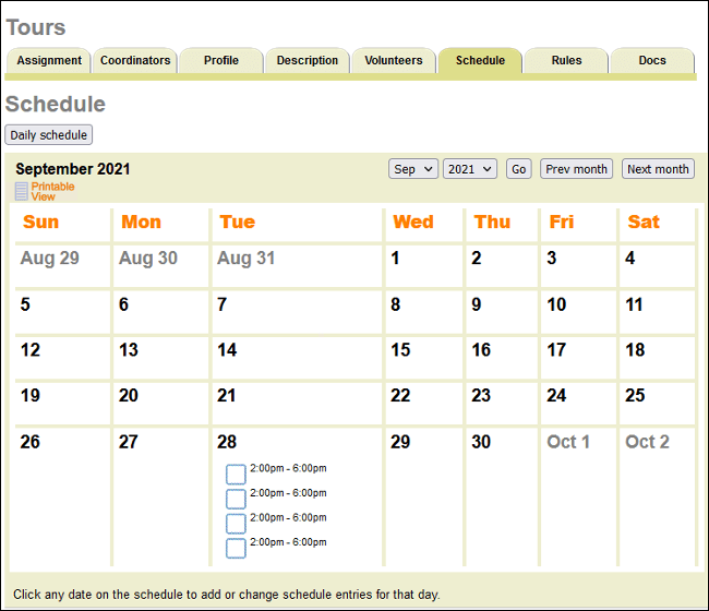 Image of the monthly view of the schedule for one-time opening