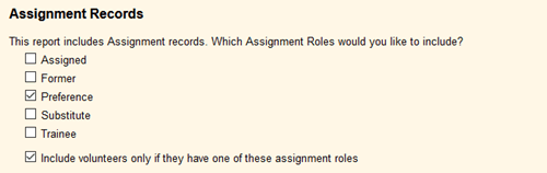 Image of Volunteer List Report Options for Roles