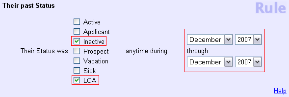 Example of Rule Set to Find Volunteers Who Had Either the Inactive or LOA Status