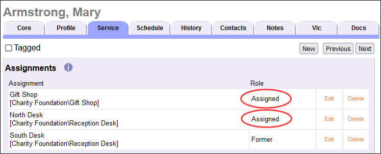 Mary Armstrong's Service tab showing their Roles