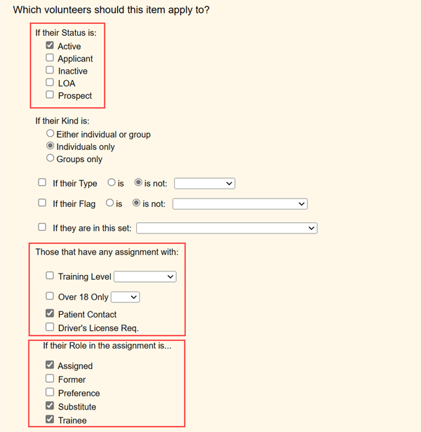 Example of Which Volunteers the Item Applies To Settings