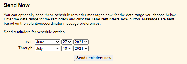Image of Send Now Box and Send Reminders Now Button