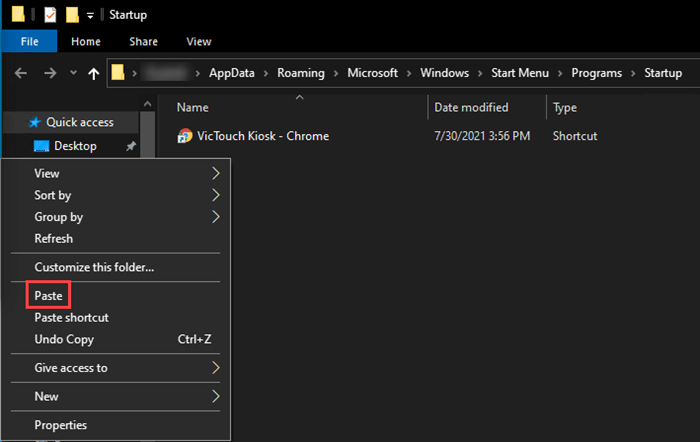 Image of Pasting Shortcut into Startup Folder