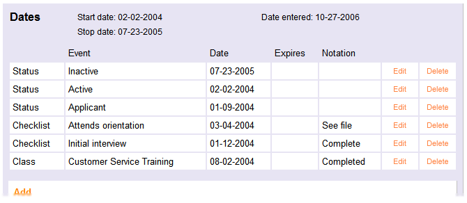 Dates box on a volunteer's History tab