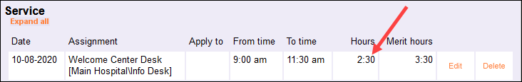 Image of volunteer service in Hours:Minutes format