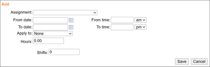 Manual service entry for a date range with a start and time