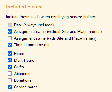 Image of Service Fields Selected on Setup Page