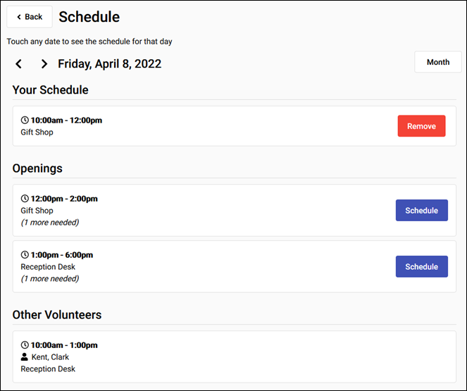 Day View of the VicTouch Schedule