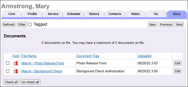 View of the Docs tab after a volunteer has uploaded documents