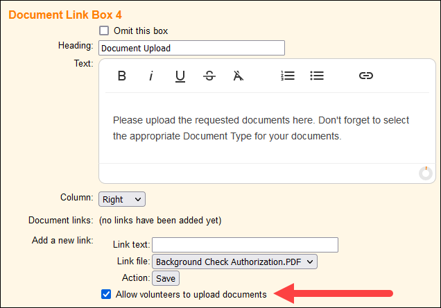 Allow volunteers to upload documents checkbox