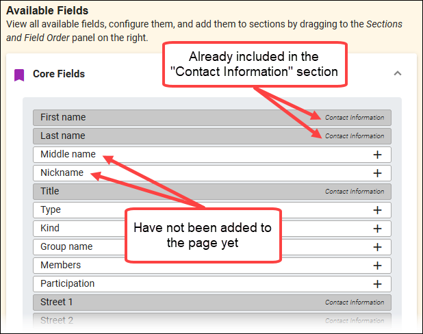 Core Fields that have and have not been added to the profile