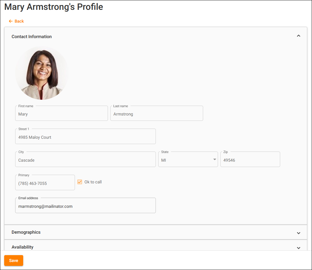 Image of a volunteer's profile on the Volunteers page