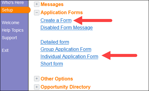 Volunteer Application Forms in Setup
