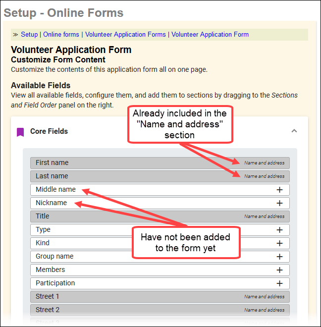 Core Fields in the Available Fields portion