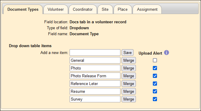 Documents Tab Document Types Settings