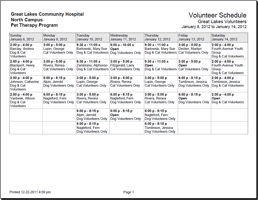 Example of Weekly Schedules by Assignment Stock Report