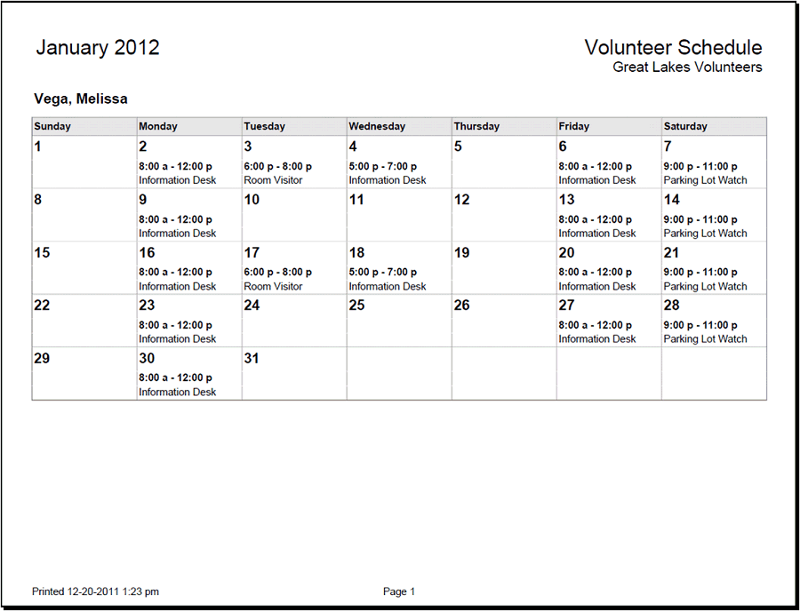 Example of Monthly Schedules by Volunteer Stock Report
