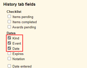 History Tab Field Selections