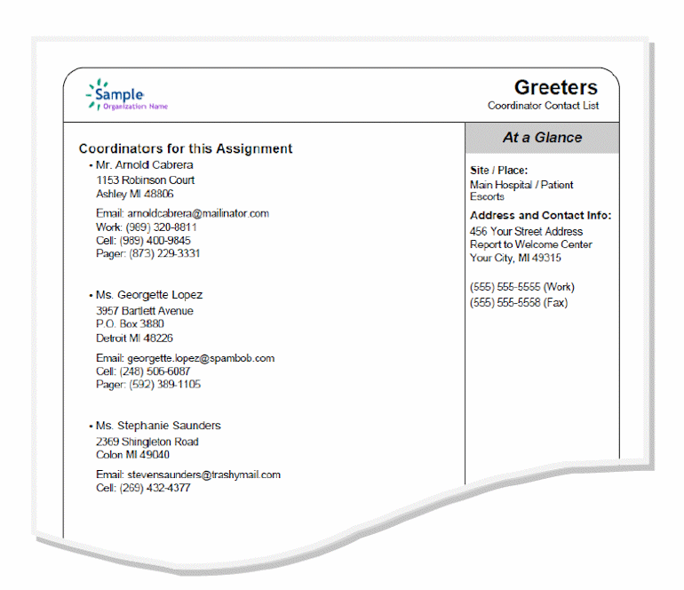 Example of Coordinator Contact List Report